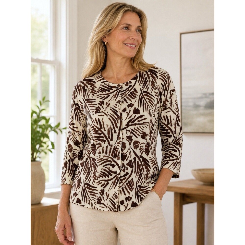 Garnet Hill New Fine Gauge Merino Wool Cardigan Sweater Brown Botanical‎ Size L